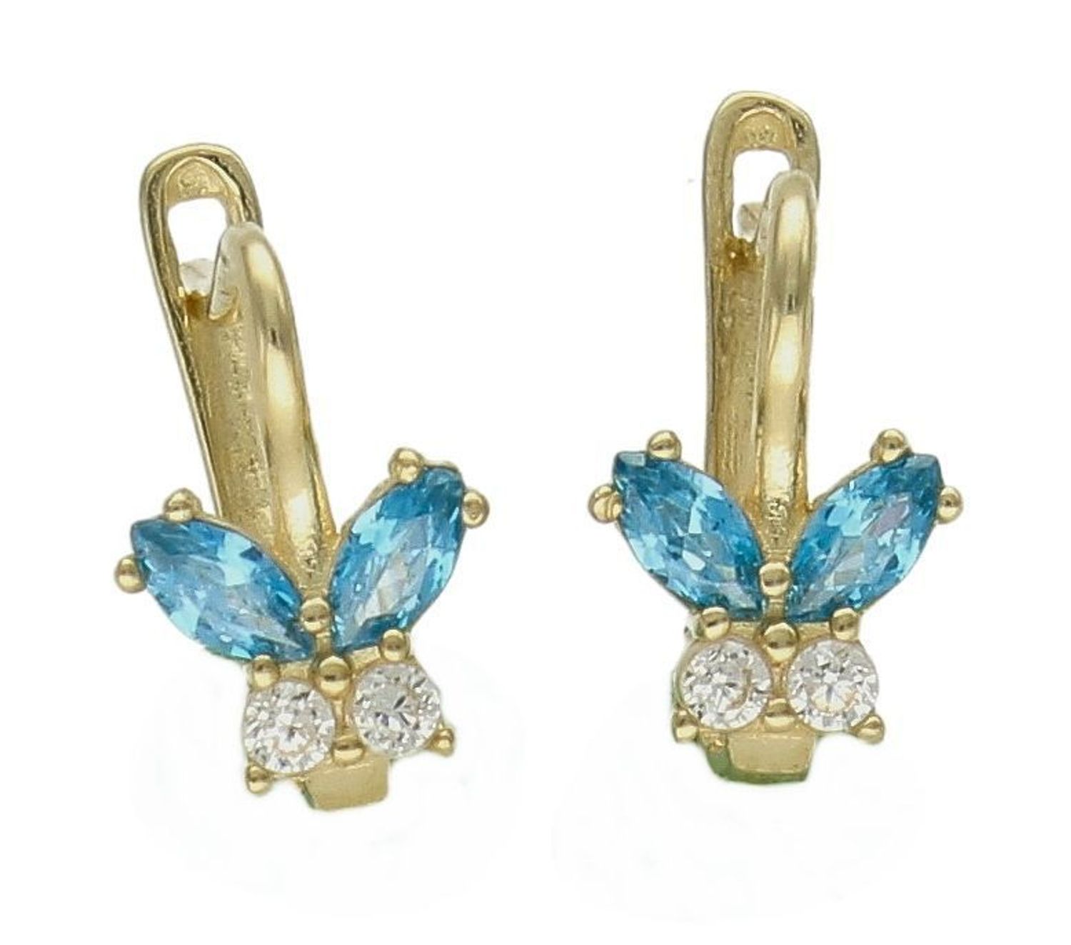 Złote kolczyki 375 motylki z niebieską cyrkonią KL 11374 375. Złote kolczyki wykonane z najwyższej jakości żółtego złota, próba 375, waga około 1,12 gram. Kolczyki w minimalistycznym stylu, wpisujące się w obecne trendy modowe. Ideal.jpg